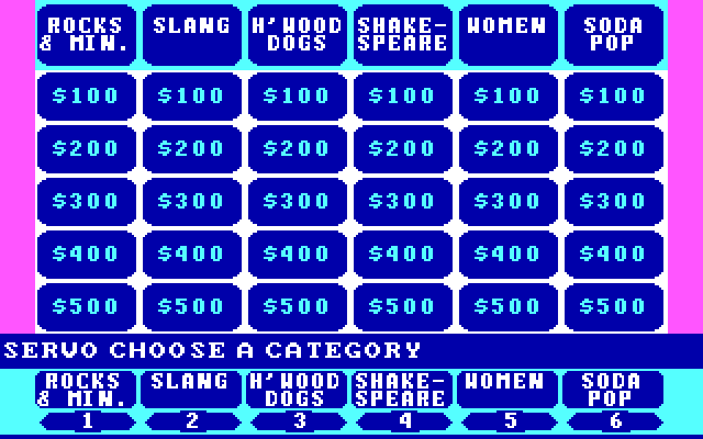 Jeopardy! 25th Anniversary Edition IBM PC/Compatibles Screenshot: Game start; select a category...