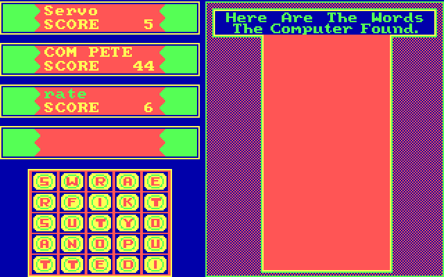 Big Boggle IBM PC/Compatibles Screenshot: Adding up the computer players scores.