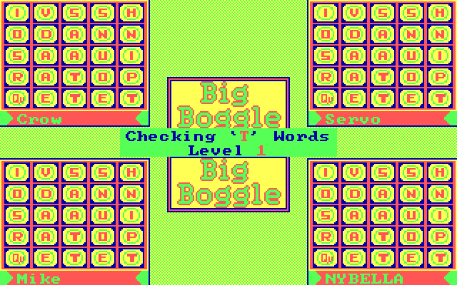 Big Boggle IBM PC/Compatibles Screenshot: First the computer checks the board for possible words.