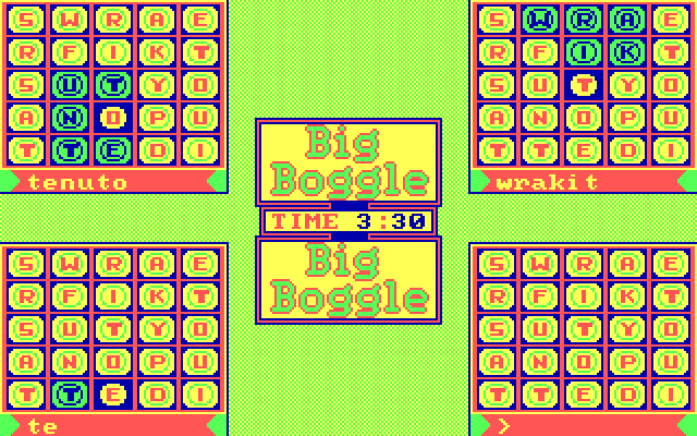 Big Boggle IBM PC/Compatibles Screenshot: Player in the upper right, is that really a legitimate word?