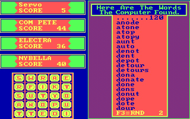 Big Boggle IBM PC/Compatibles Screenshot: Here's some of the words that were found.