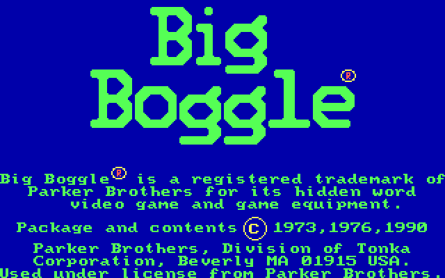 Big Boggle IBM PC/Compatibles Screenshot: Title screen after the letters have been assembled.