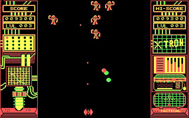 Xtron IBM PC/Compatibles Screenshot: Only a few invaders left on this wave...