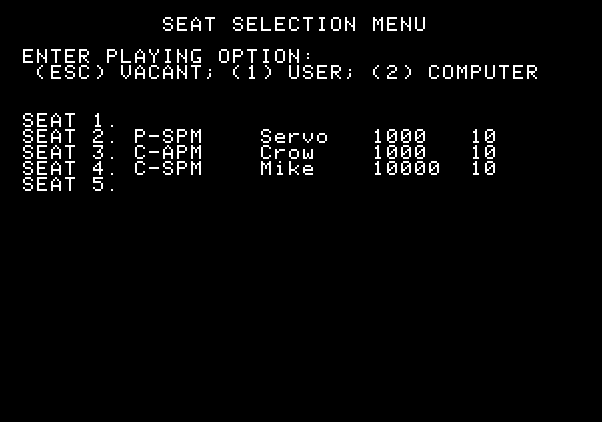 Ken Uston's Profe$$ional Blackjack Apple II Screenshot: Setting up the players.