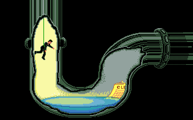 Les Manley in: Search for the King IBM PC/Compatibles Screenshot: The worlds smallest man attempts to retrieve an item in a pipe...