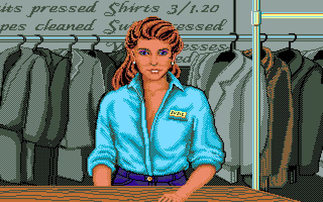 Les Manley in: Search for the King IBM PC/Compatibles Screenshot: Picking up a suit at the cleaners...