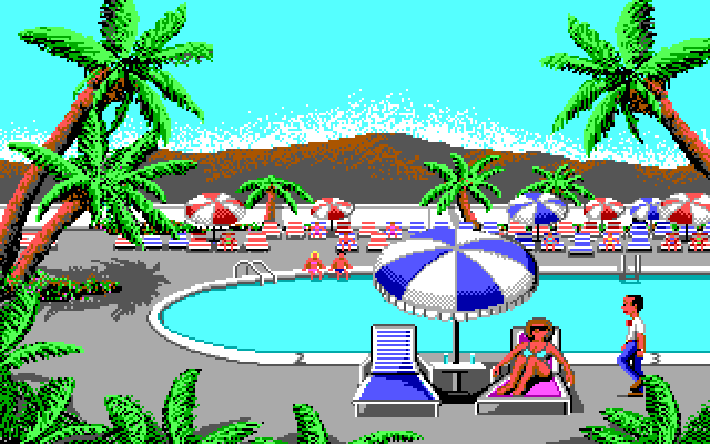 Les Manley in: Search for the King IBM PC/Compatibles Screenshot: Hmm, who's that lounging by the pool?