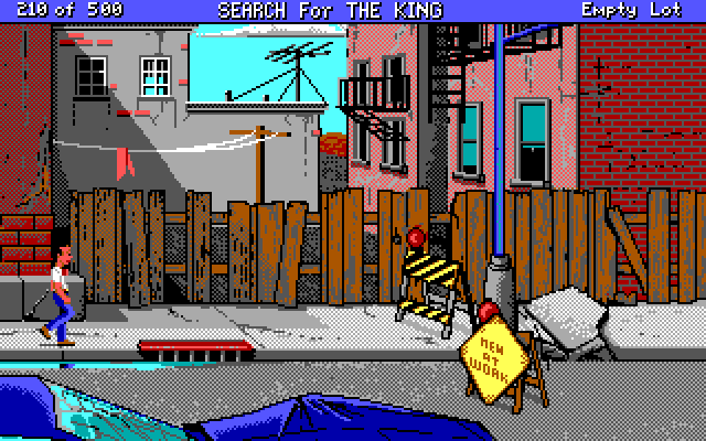 Les Manley in: Search for the King IBM PC/Compatibles Screenshot: A dead end, but what's that hanging on the line?