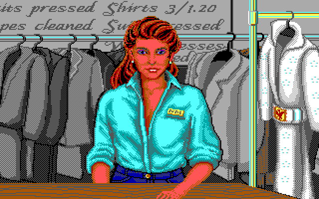 Les Manley in: Search for the King IBM PC/Compatibles Screenshot: Picking up a suit at the cleaners...