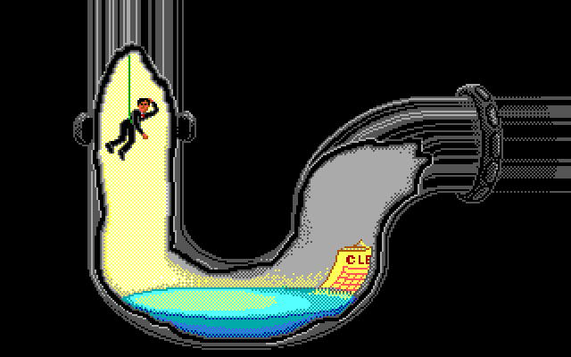 Les Manley in: Search for the King IBM PC/Compatibles Screenshot: The worlds smallest man on a mission in a pipe...