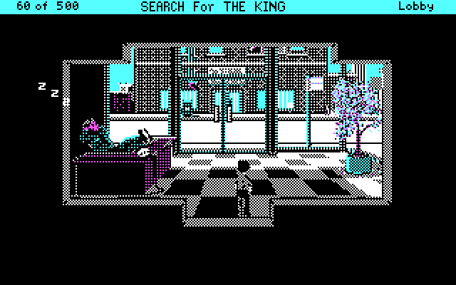 Les Manley in: Search for the King IBM PC/Compatibles Screenshot: The security guard is asleep!