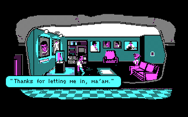 Les Manley in: Search for the King IBM PC/Compatibles Screenshot: Talking with an Elvis fan.