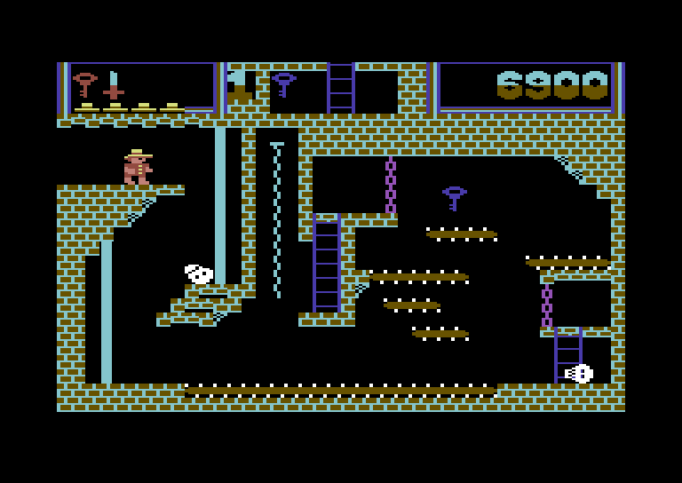 Montezuma's Revenge Commodore 64 Screenshot: This screen has a lot of conveyor belts to navigate.