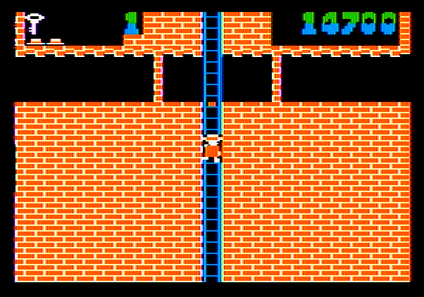 Montezuma's Revenge Apple II Screenshot: Climbing down a long ladder...