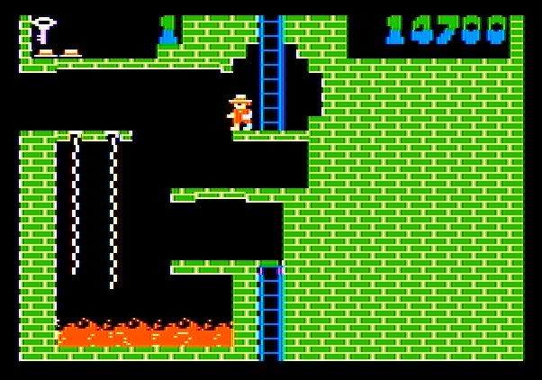Montezuma's Revenge Apple II Screenshot: Can I make the jump to the next platform here?