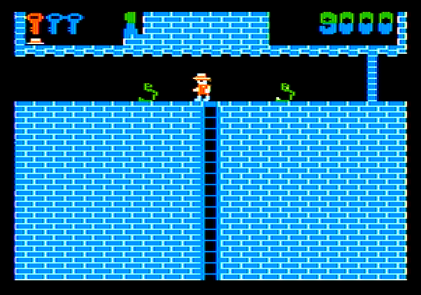 Montezuma's Revenge Apple II Screenshot: Trapped by snakes!
