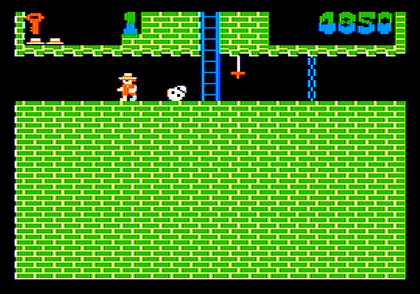 Montezuma's Revenge Apple II Screenshot: Running away from a skull...
