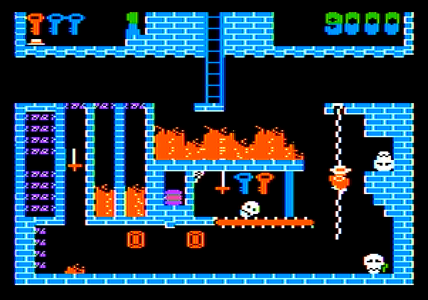 Montezuma's Revenge Apple II Screenshot: Cllimbing down a rope...