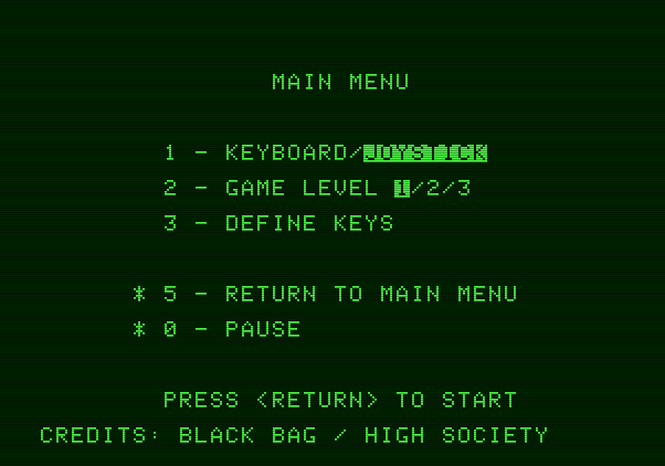 Montezuma's Revenge Apple II Screenshot: The main menu.