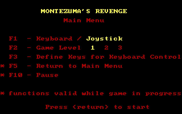 Montezuma's Revenge IBM PC/Compatibles Screenshot: The main menu.