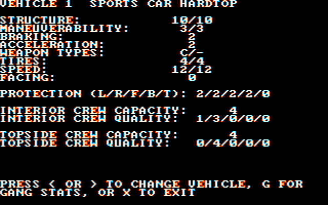 Roadwar 2000 IBM PC/Compatibles Screenshot: Information on one of my vehicles.