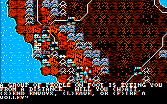 Roadwar 2000 IBM PC/Compatibles Screenshot: A group of people is eyeing me from a distance...what should I do?