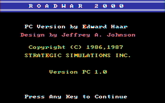 Roadwar 2000 IBM PC/Compatibles Screenshot: Title, credits, and copyright info.