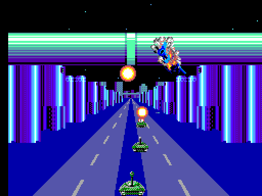 Thunder Blade Sega Master System Screenshot: Game demo; you'll want to avoid hitting the poles during the game!