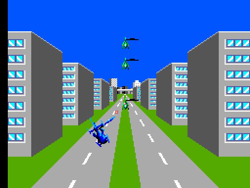 Thunder Blade Sega Master System Screenshot: This area has a behind the helicopter view.