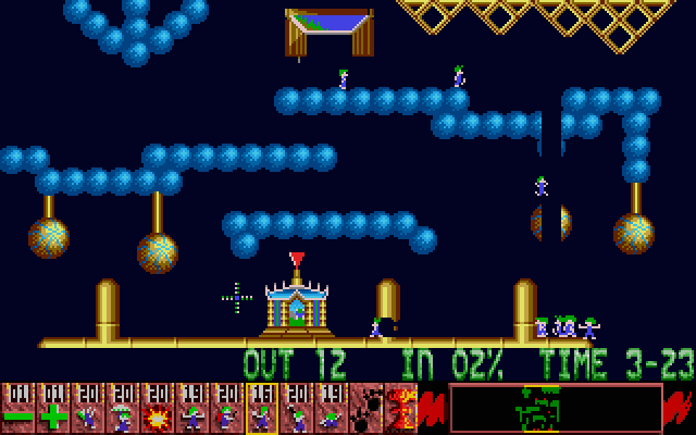 Oh No! More Lemmings Atari ST Screenshot: Don't let Lemmings fall off of a ledge! Use the blockers...