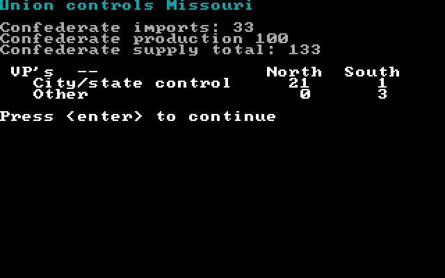 Civil War: 1861 - 1865, The IBM PC/Compatibles Screenshot: Union controls Missouri...
