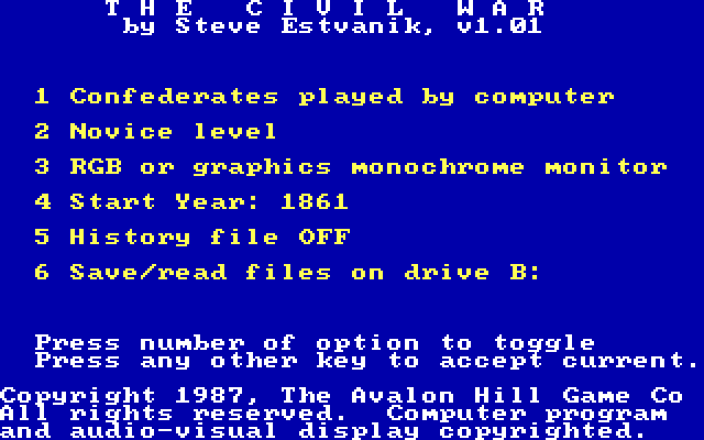 Civil War: 1861 - 1865, The IBM PC/Compatibles Screenshot: Setting up game options.