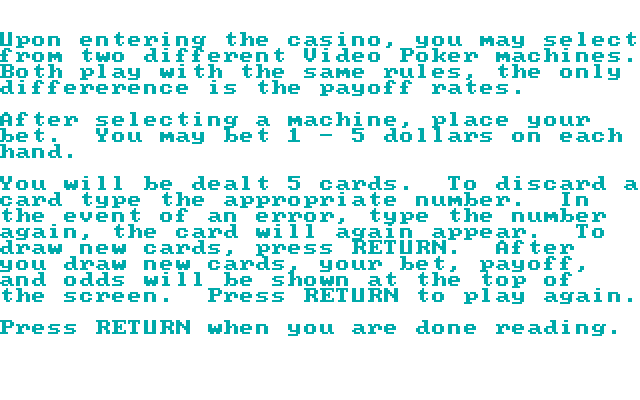 Vegas Video Poker IBM PC/Compatibles Screenshot: Game instructions.