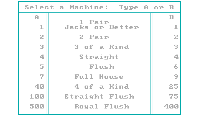Vegas Video Poker IBM PC/Compatibles Screenshot: Select a machine type.