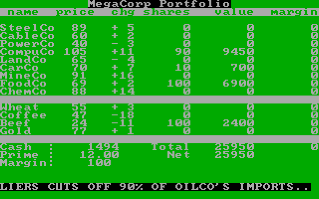 Market Mogul IBM PC/Compatibles Screenshot: A problem with OilCo's suppliers cuts of imports; that could affect the stock price!