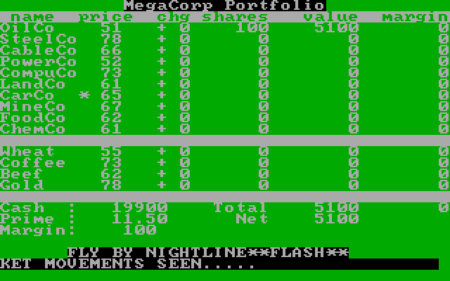 Market Mogul IBM PC/Compatibles Screenshot: A news flash scrolls along the bottom of the screen.