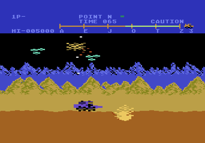Moon Patrol Atari 5200 Screenshot: Be sure to jump over any craters that appear...