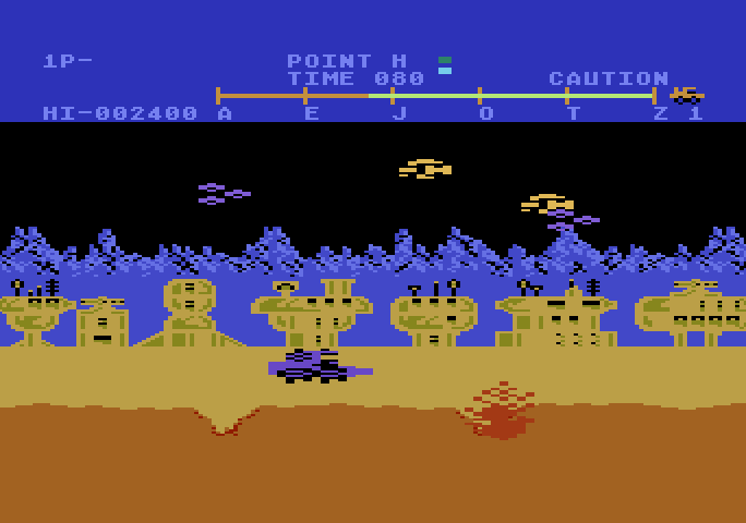 Moon Patrol Atari 5200 Screenshot: Some of the aliens create new craters when they attack..