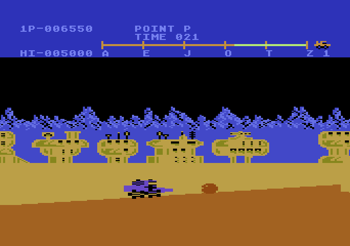 Moon Patrol Atari 5200 Screenshot: You can either jump over rocks or shoot them...