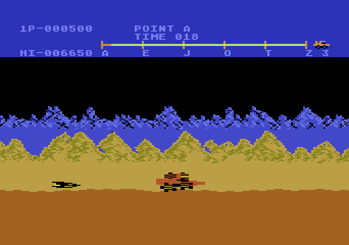 Moon Patrol Atari 5200 Screenshot: In the advanced course missiles sometimes appear behind you.