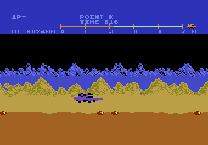 Moon Patrol Atari 5200 Screenshot: Jumping over land mines.