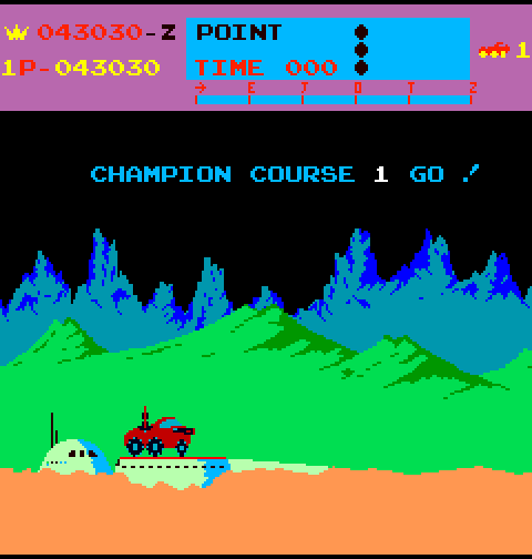 Moon Patrol Arcade Screenshot: Time to start the champion course!
