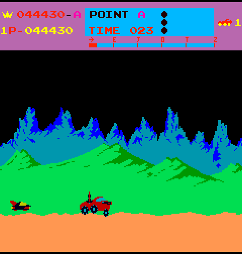 Moon Patrol Arcade Screenshot: You need to time your jump carefully to avoid being hit by a missile from the left.