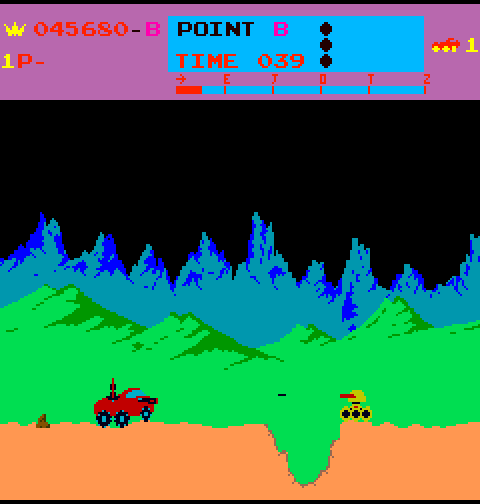 Moon Patrol Arcade Screenshot: Rocks, tanks, and craters are placed more closely together now.