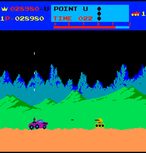 Moon Patrol Arcade Screenshot: Don't get shot by enemy tanks!
