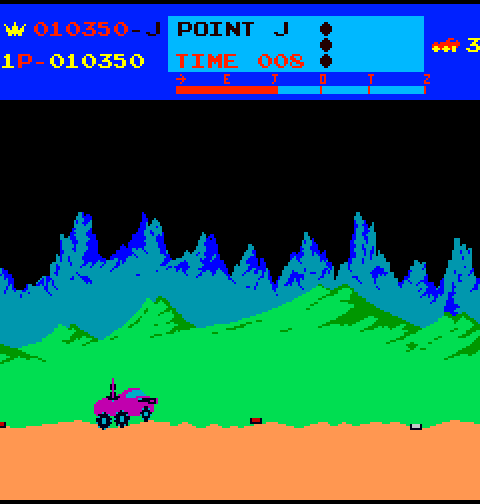 Moon Patrol Arcade Screenshot: Jump over these land mines.