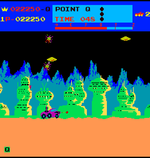 Moon Patrol Arcade Screenshot: The elevated sections are tougher since you have less time to react.