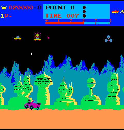 Moon Patrol Arcade Screenshot: The background alternates between mountains and city.