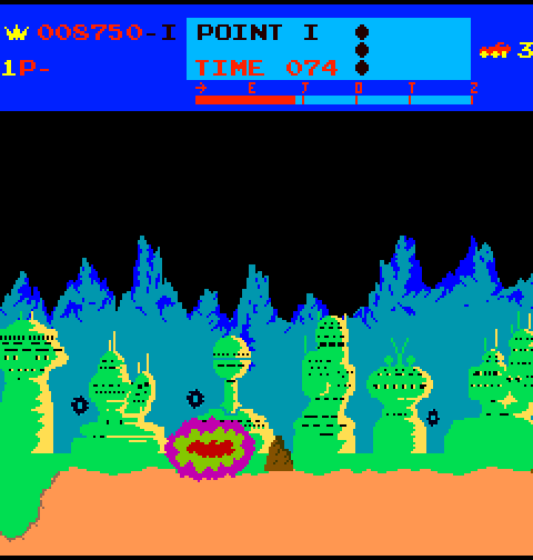Moon Patrol Arcade Screenshot: Crash! I hit a rock...