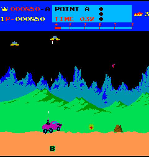 Moon Patrol Arcade Screenshot: Aliens attacking!